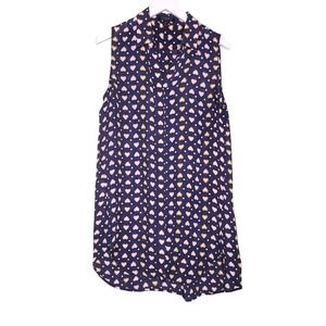 J Crew Sheer Silk Sleeveless Button Up Shirt Navy Heart Print 2 Tall